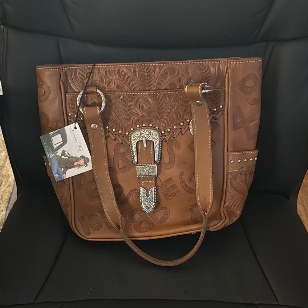 American West Brown Leather Tote with Western Charm